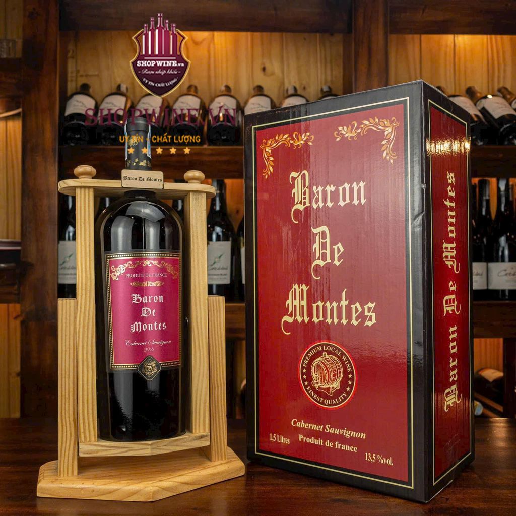 Rượu Vang Pháp Baron De Montes 1.5 Lít + Kệ Gỗ