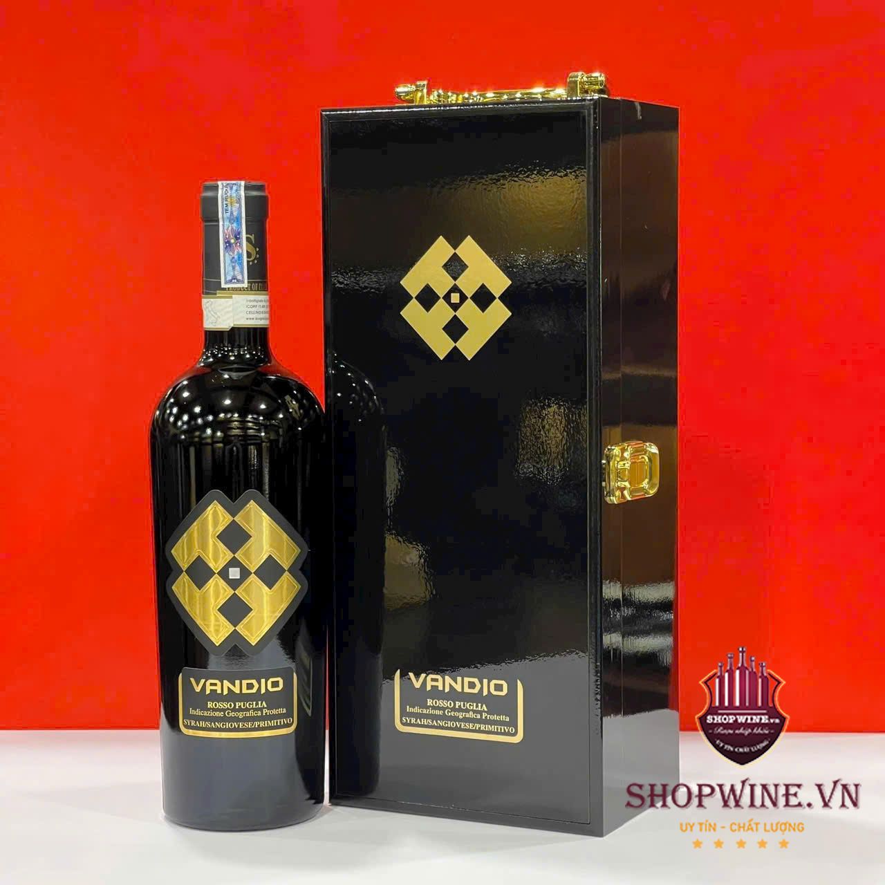 Hộp Rượu Vang sơn mài 1 Chai + Rượu Vang Đỏ Vandio Italia Rosso Puglia