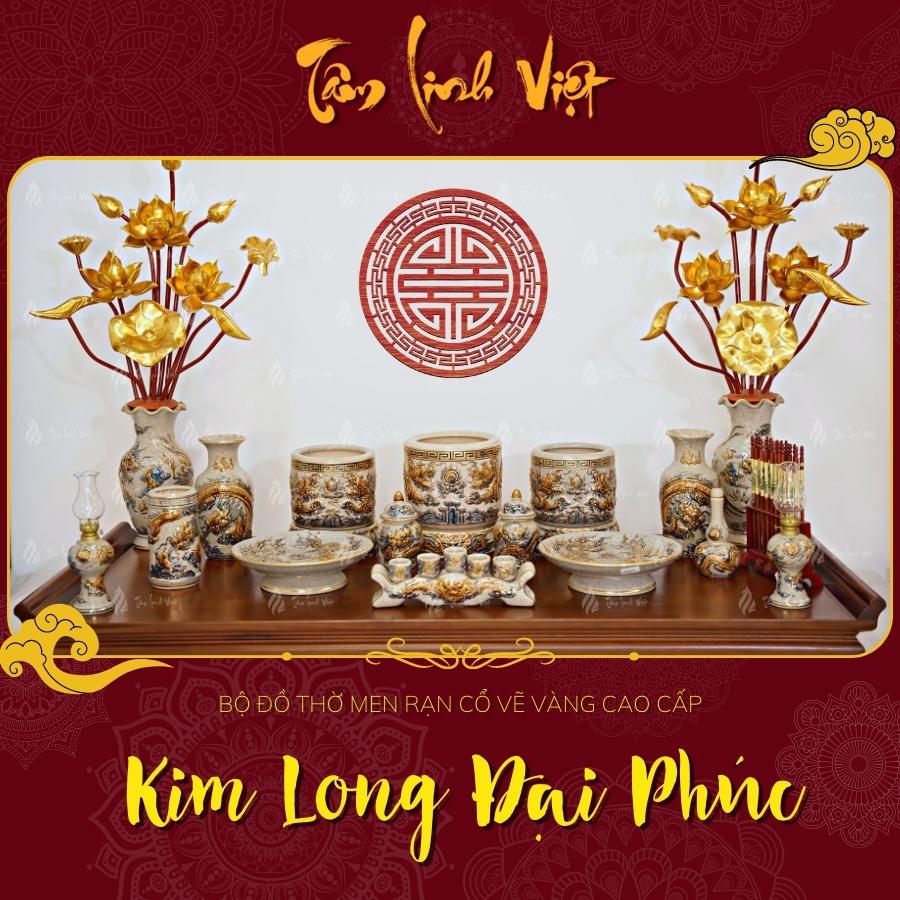 Bộ Đồ Thờ Men Rạn Cổ Vẽ Vàng Bát Tràng - Kim Long Đại Phúc