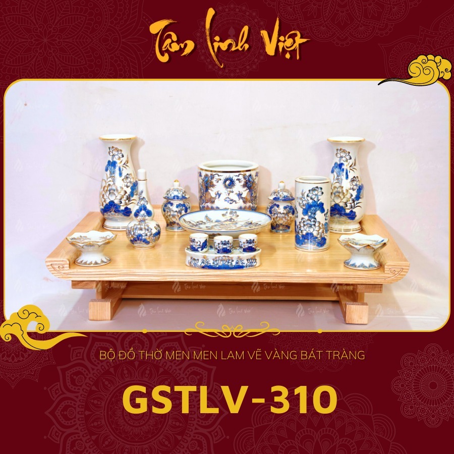 Bộ Đồ Thờ Men Lam Vẽ Vàng Bát Tràng - GSTLV - 310
