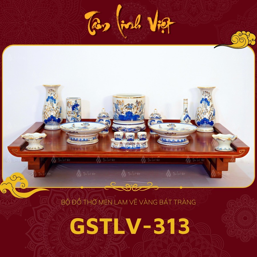 Bộ Đồ Thờ Men Lam Vẽ Vàng Bát Tràng - GSTLV - 313