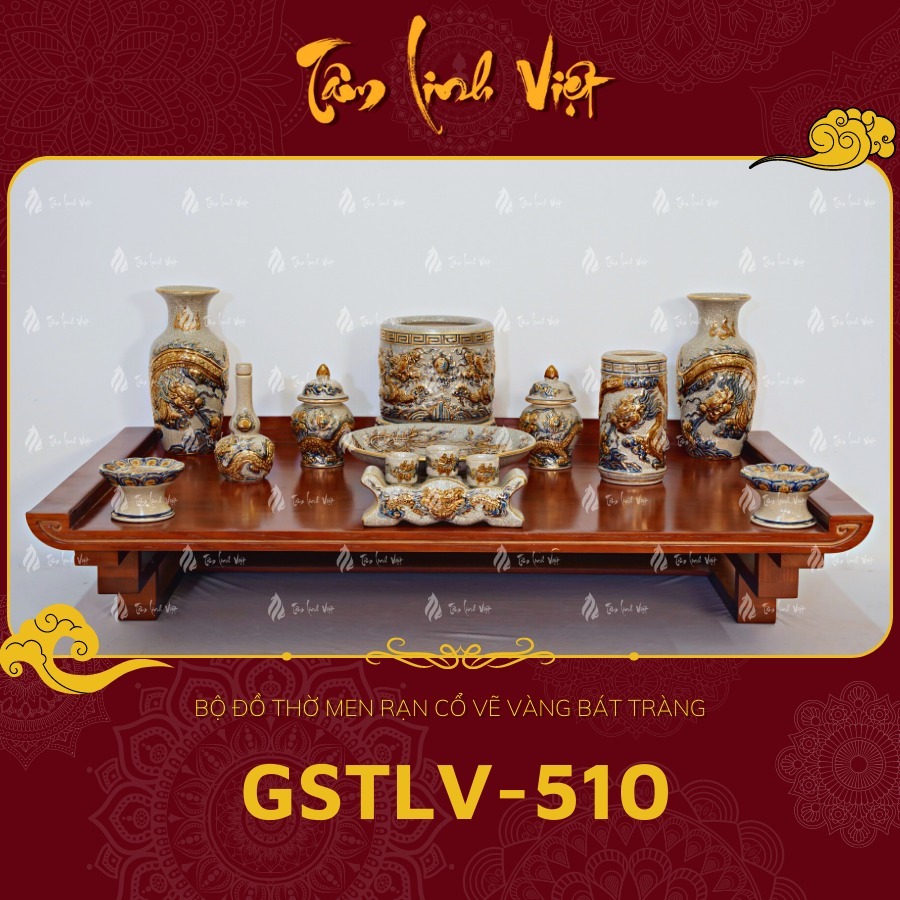 Bộ Đồ Thờ Men Rạn Cổ Vẽ Vàng Bát Tràng - GSTLV - 510