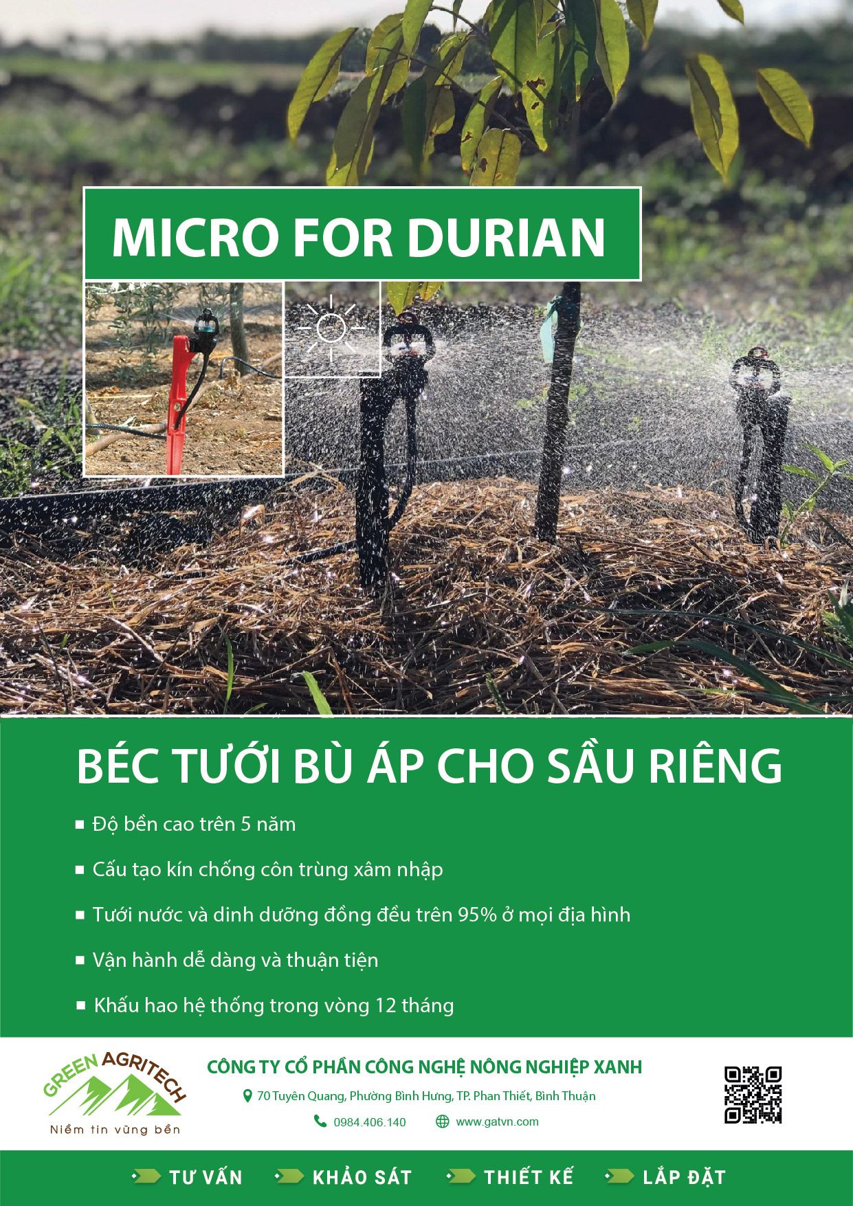 Béc tưới phun mưa bù áp cho Sầu Riêng