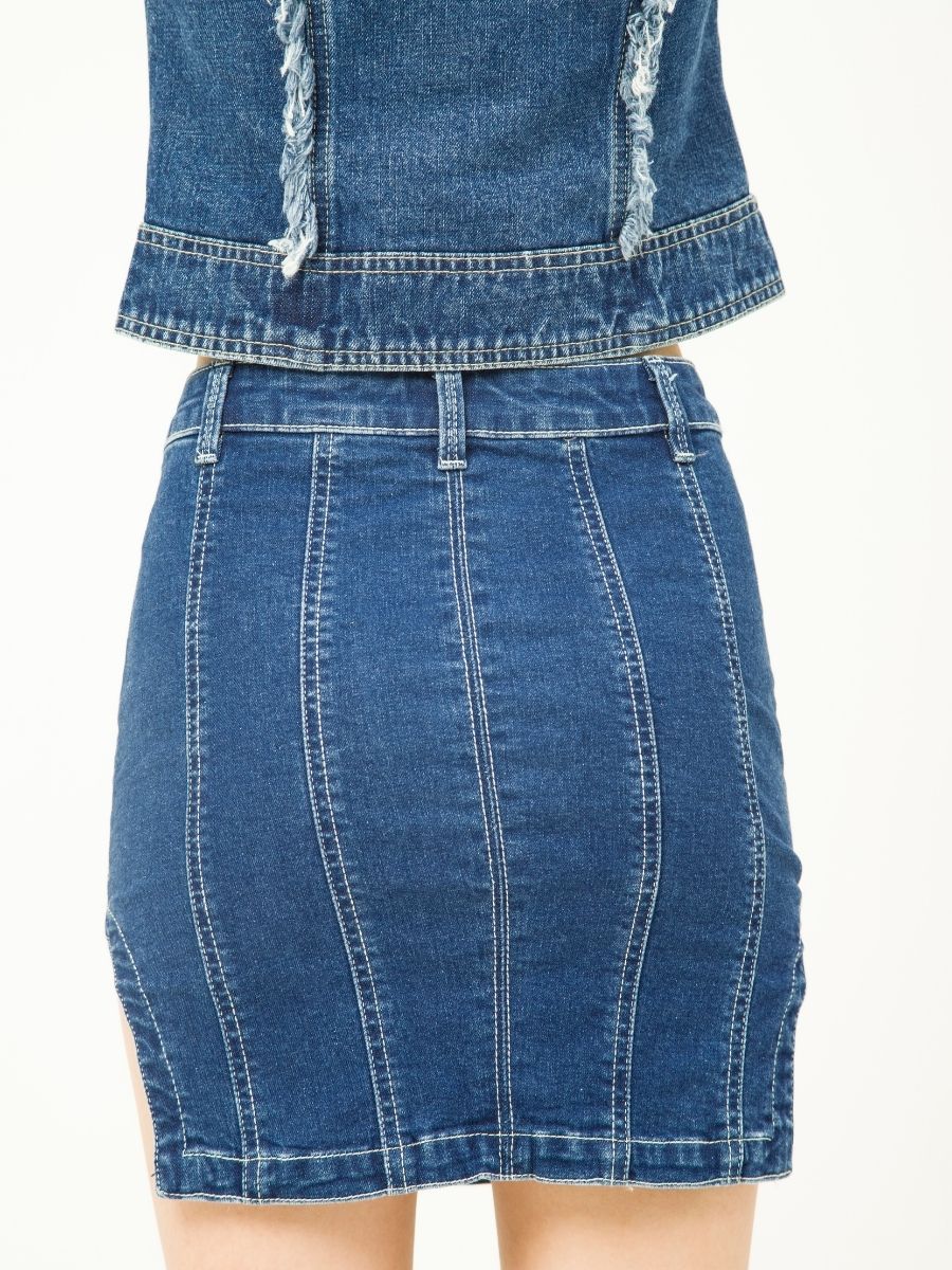 Chân váy jeans đậm ngắn khoét 2 bên MESSI WJF0141 (Tailor)
