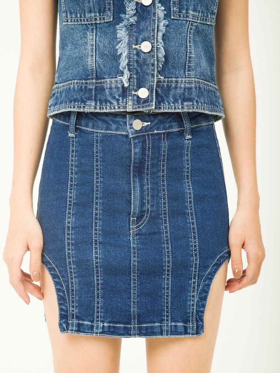 Chân váy jeans đậm ngắn khoét 2 bên MESSI WJF0141 (Tailor)