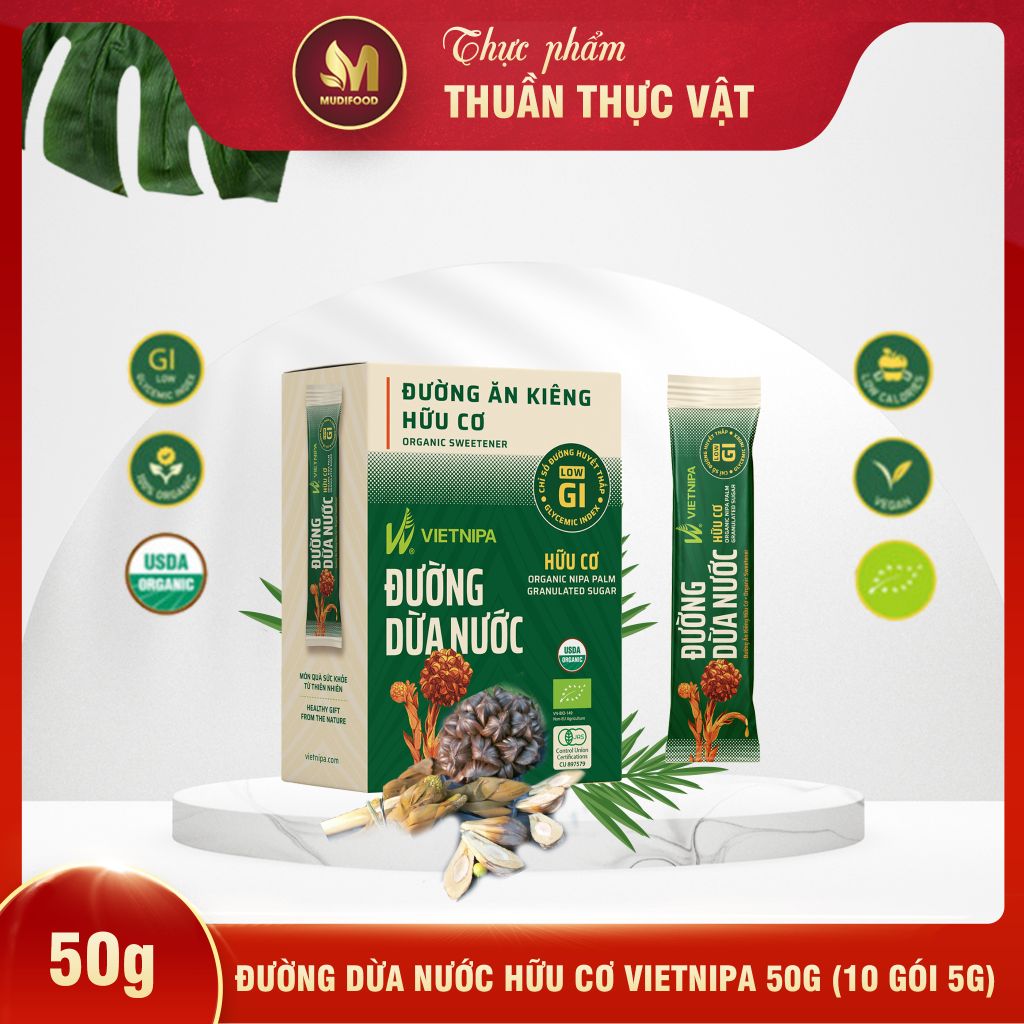 Đường Dừa Nước Hữu Cơ Vietnipa Hộp 50g - Thực Phẩm Bổ Sung Dinh Dưỡng Cho Cả Gia Đình, Người Tiểu Đường, Ăn Kiêng, Ăn Chay, Hàm Lượng Vitamin Và Muối Khoáng Cao (GV)