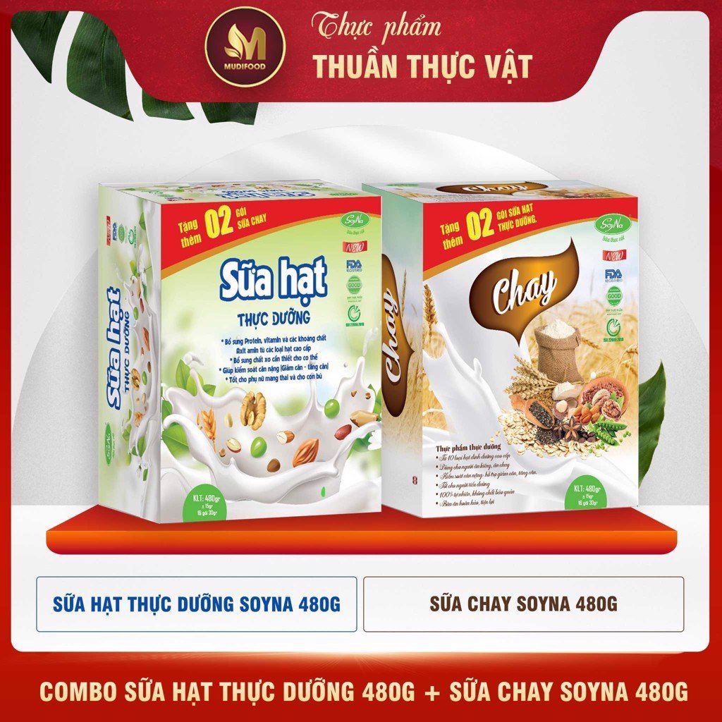 Combo Sữa Hạt - Chay 480g Soyna, Tặng 2 Ly Thủy Tinh Có Vạch Chia ml và 2 gói Sữa Chay, 2 gói Sữa Hạt Thực Dưỡng (SH)