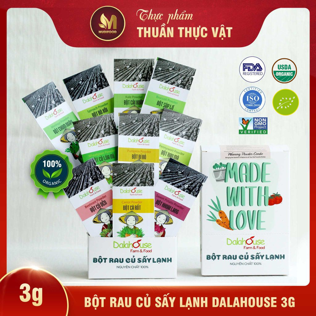 Bột Rau Củ Gói Lẻ 3g Dalahouse - Bột Rau Củ Hữu Cơ Nguyên Chất Sấy Lạnh (BRC)