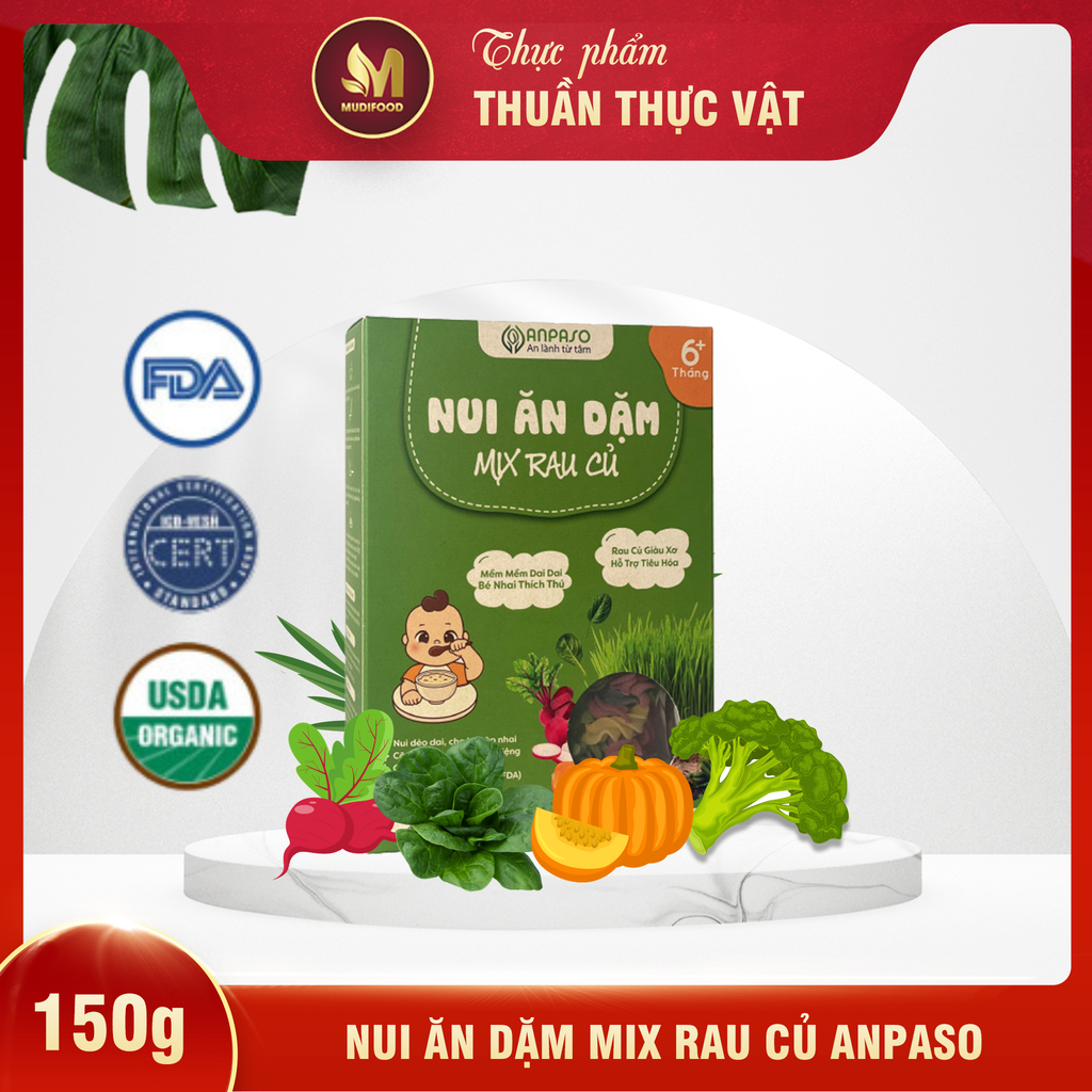 Nui Ăn Dặm Mix Rau Củ Anpaso Cho Bé Từ 6 Tháng Tuổi Hộp 150g, Thực Phẩm Bổ Sung Dinh Dưỡng Chất Xơ, Vitamin K và Canxi cao (Bún, Phở, Gạo, Mì, Nui)