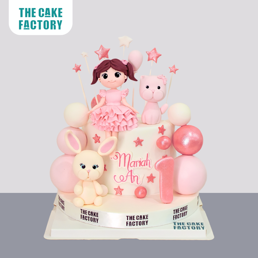  Bánh fondant sinh nhật tông hồng trắng dễ thương tạo hình bé gái và mèo con 