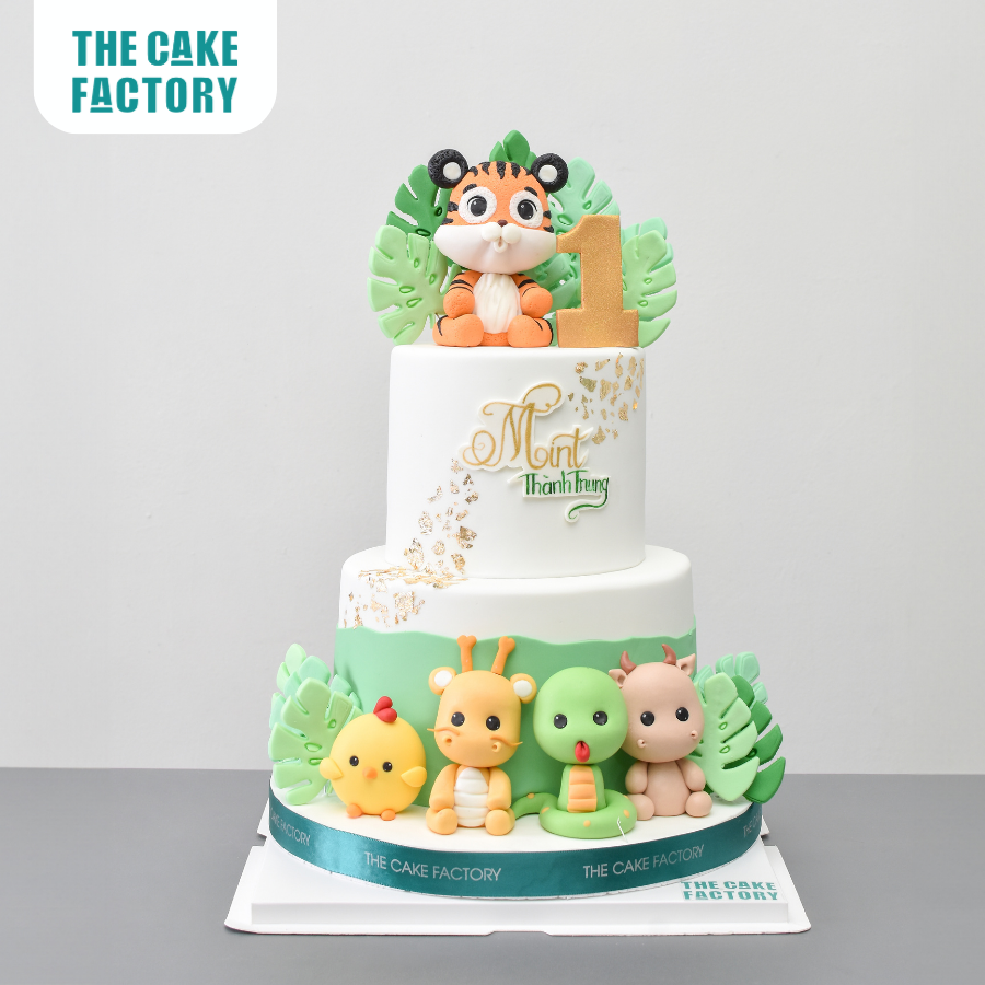  Bánh fondant bé trai tuổi hổ chủ đề rừng xanh 