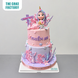  Bánh fondant tiên cá 2 tầng tone hồng tím nhũ 