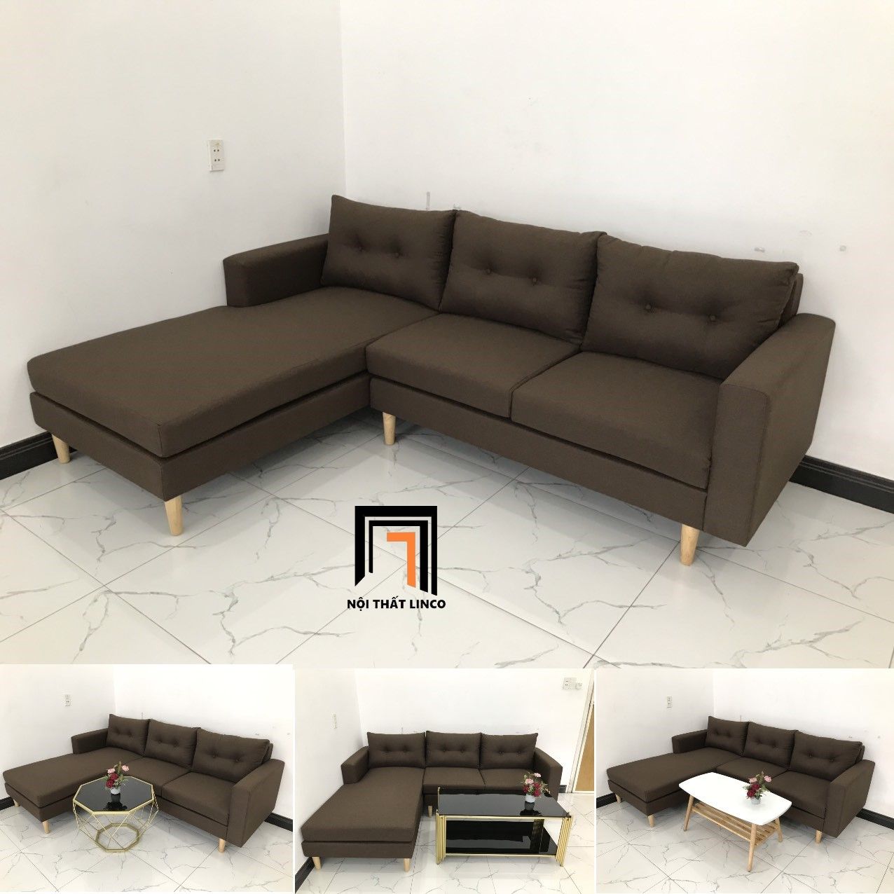 Bộ bàn ghế sofa góc 2m2 x 1m6 phòng khách gia đình nâu đậm