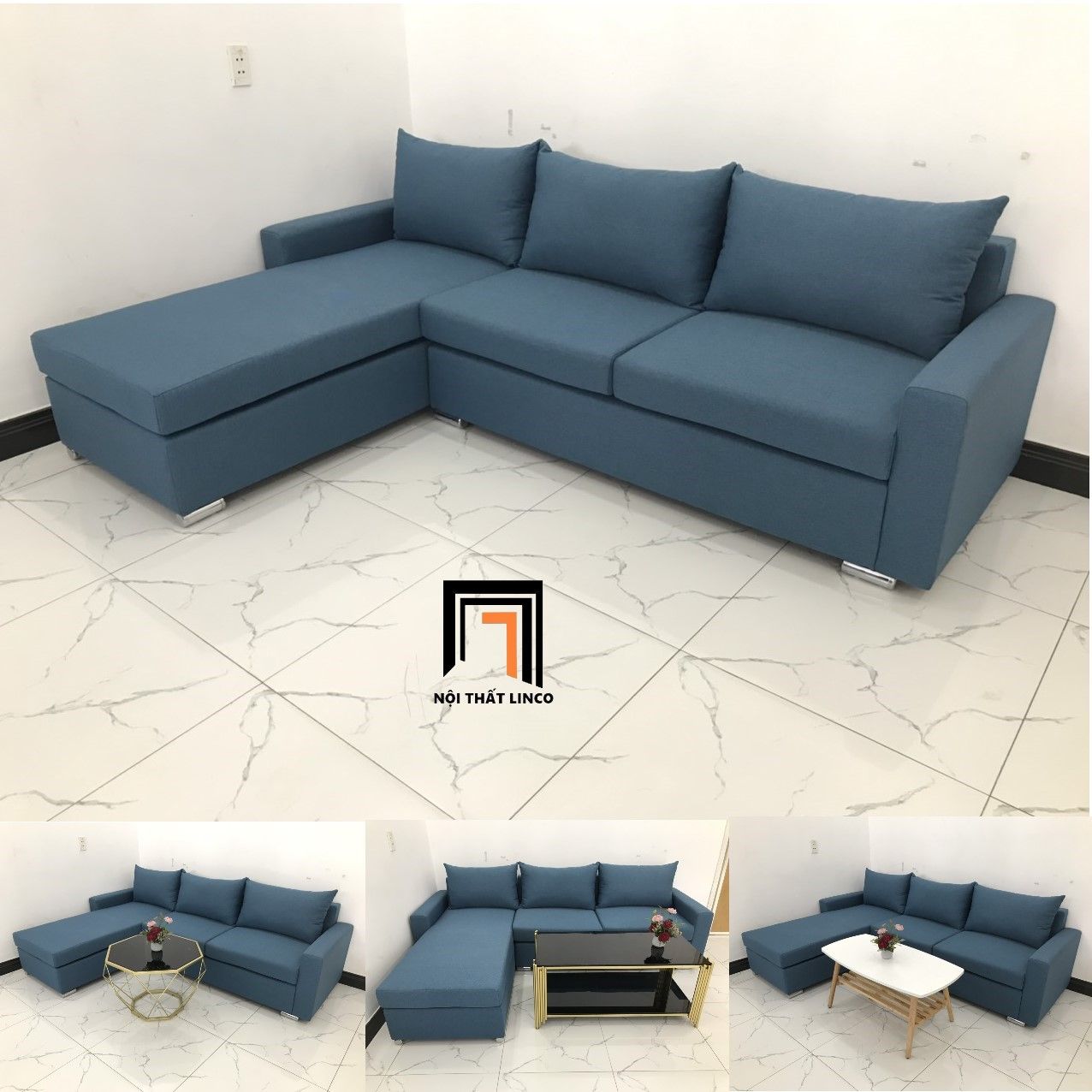 Bộ ghế sofa góc L 2m2 x 1m6 thư giãn xanh dương