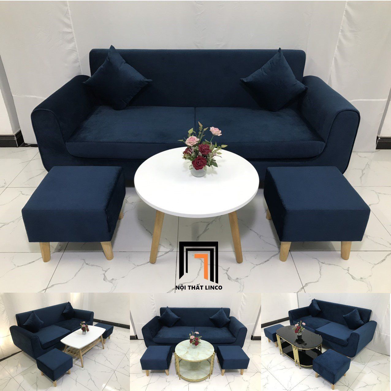 Bộ ghế sofa băng NS04 màu xanh đen vải nhung dài 1m9
