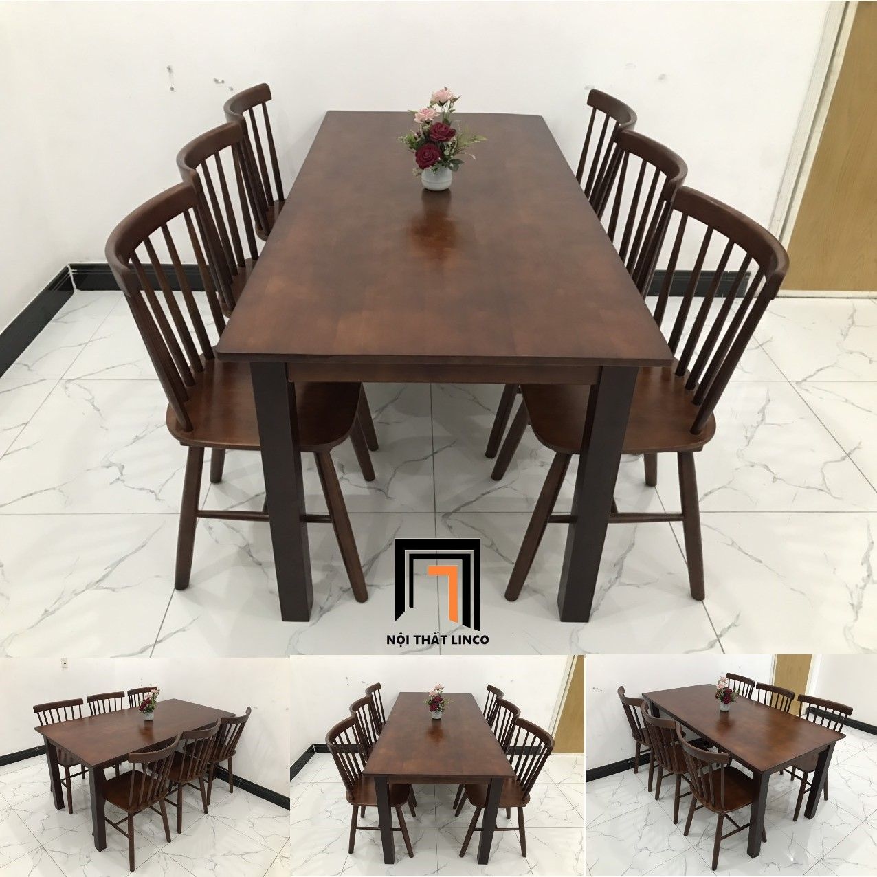 Set bàn ăn ghế gỗ nhà bếp 6-KH6-G18-B108-naugo màu nâu đậm