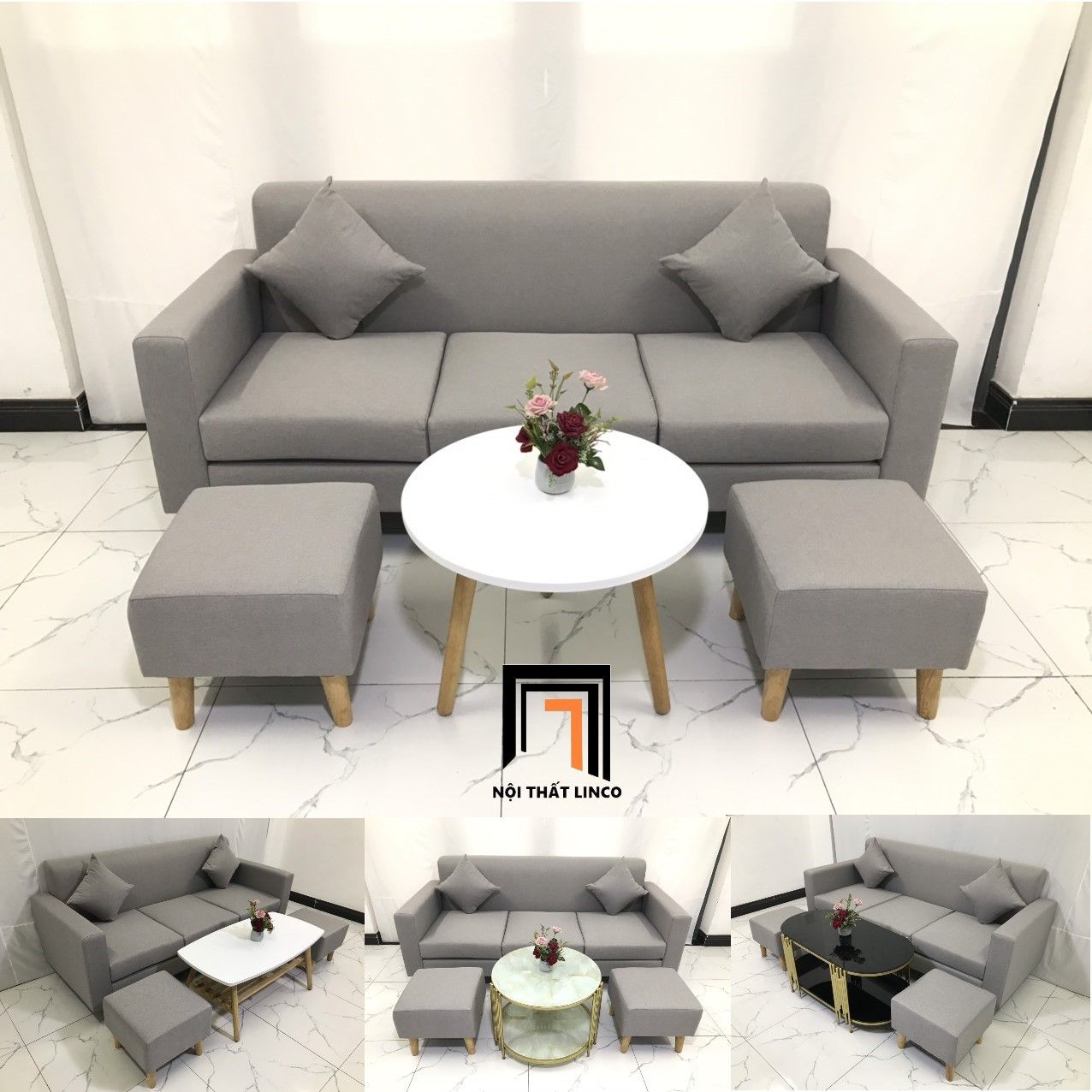 Bộ ghế sofa băng NS05 dài 1m9 giá rẻ màu xám ghi trắng