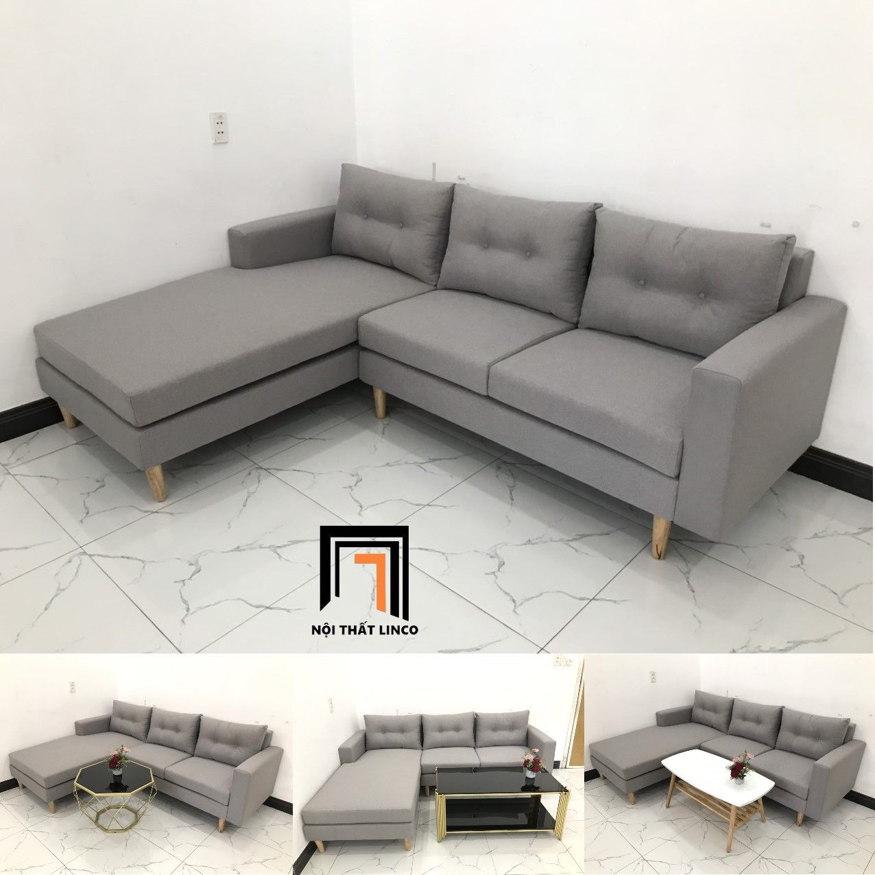 Bộ ghế sofa góc 2m2 x 1m6 màu xám trắng vải bố