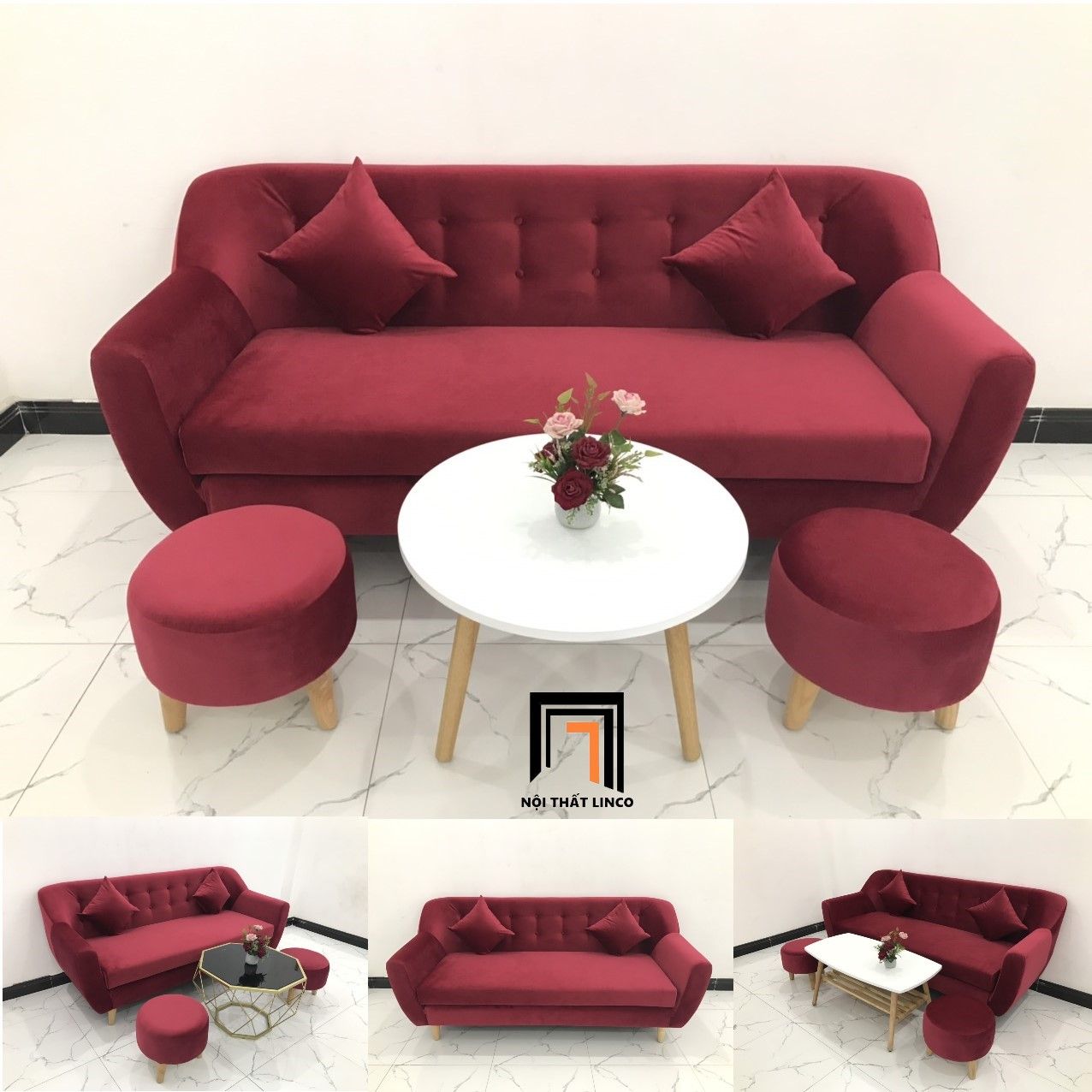 Bộ ghế sofa giá rẻ BGN dài 1m9 đỏ đô vải nhung