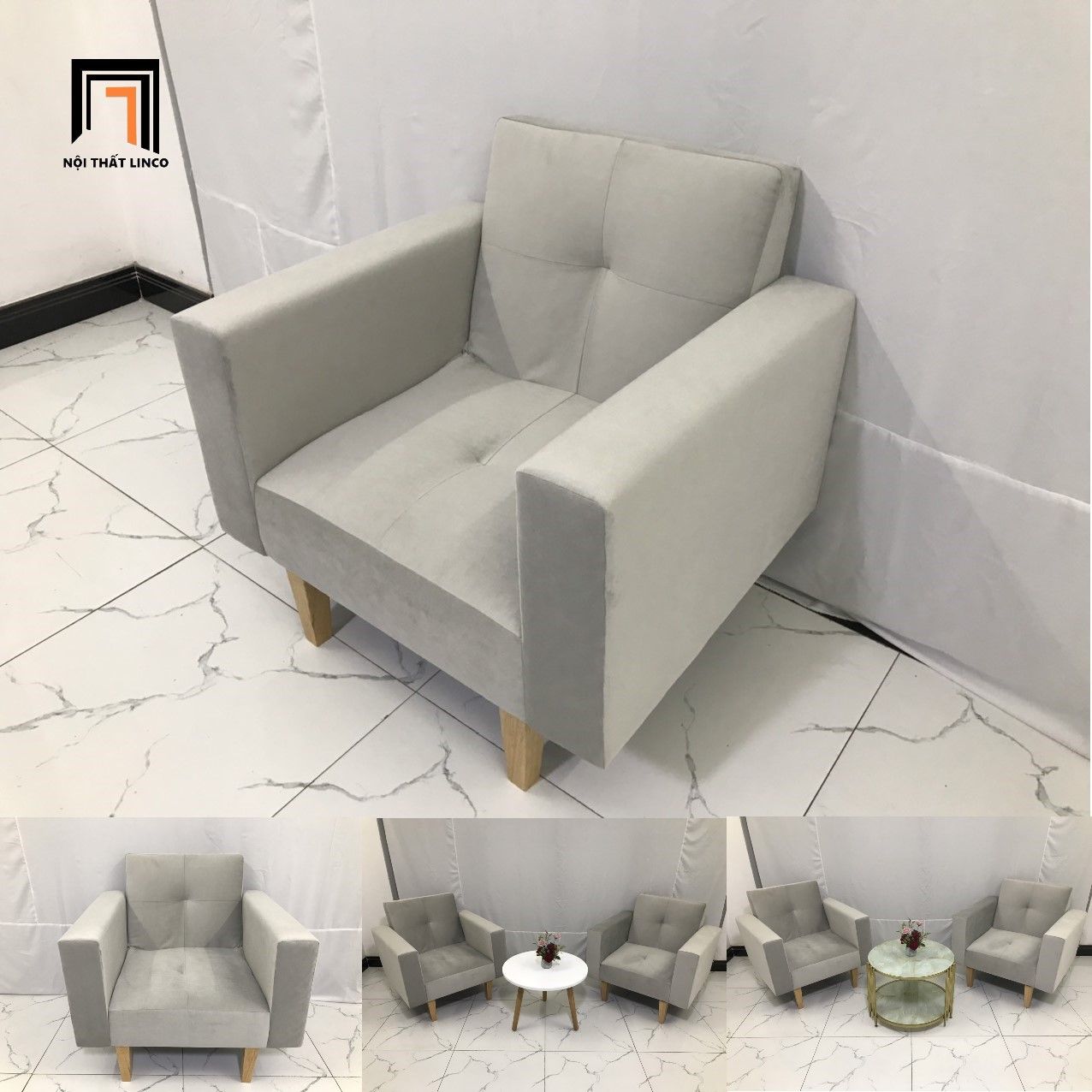 Ghế sofa đơn hiện đại NS02 màu xám tro vải nhung