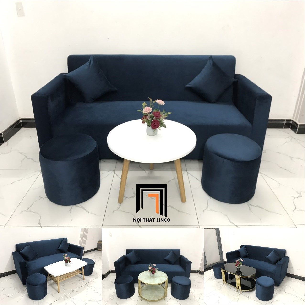 Bộ ghế sofa băng xanh đen BG03 dài 1m9 vải nhung nỉ giá rẻ
