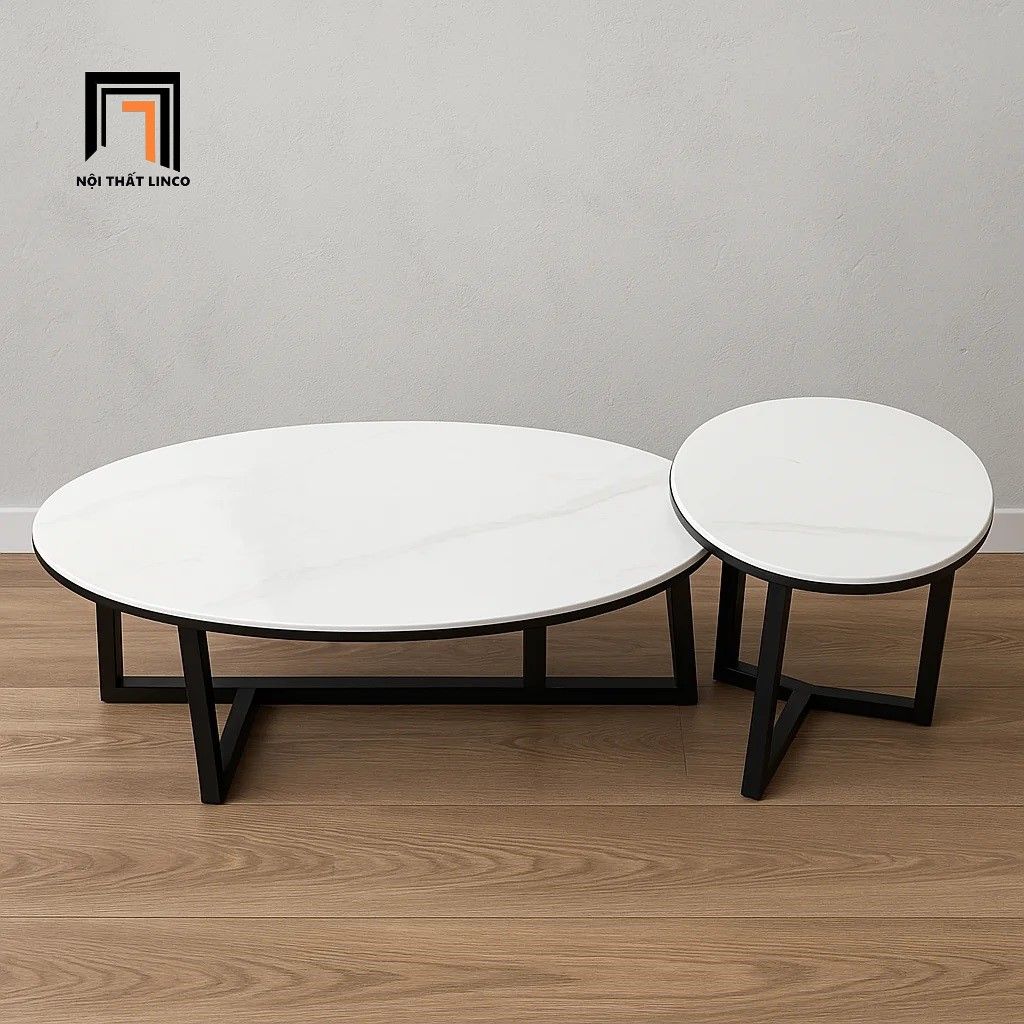 Cặp bàn trà mặt đá trắng BTPK19 Waka phòng khách xinh xắn