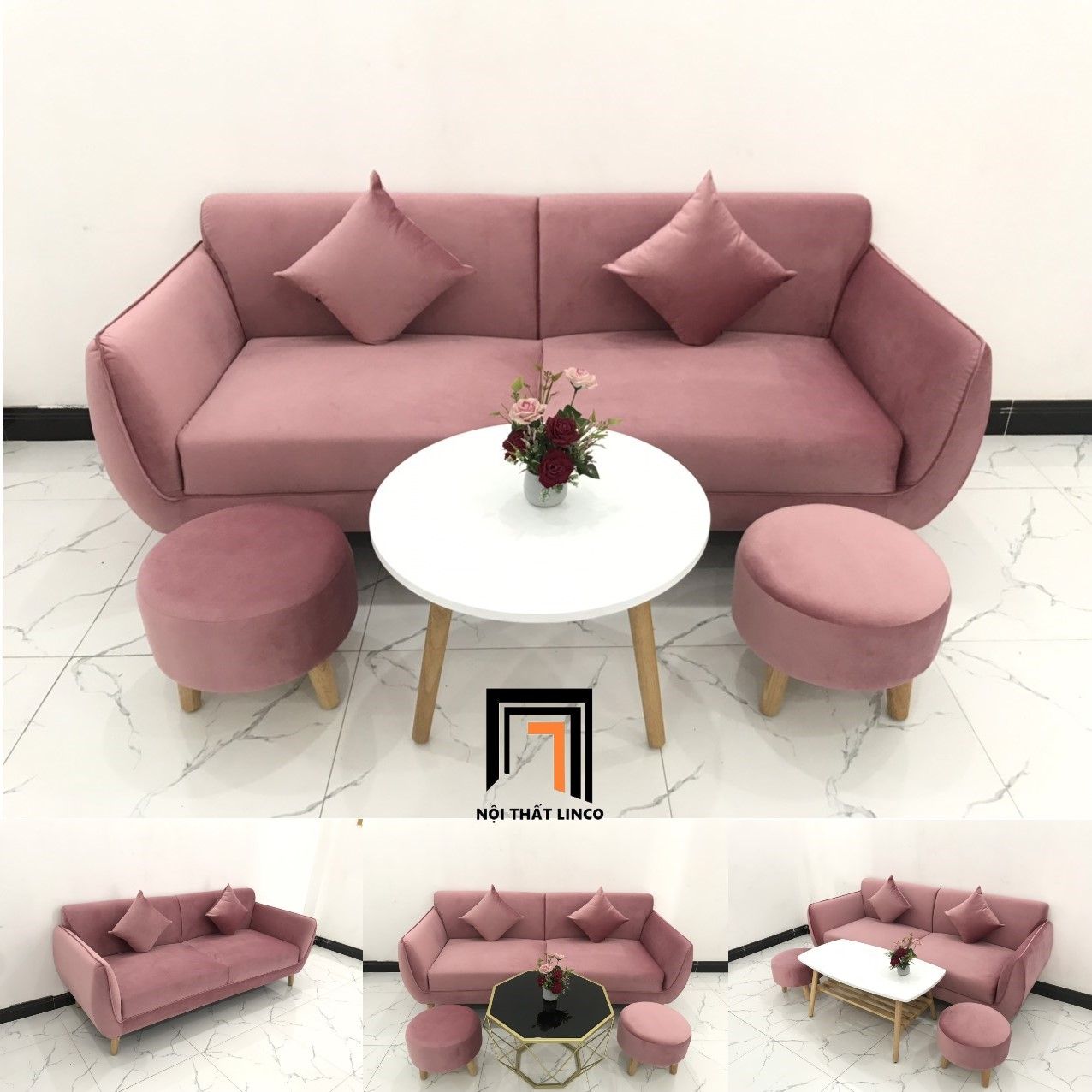 Ghế sofa băng BB dài 1m9 màu hồng phấn vải nhung giá rẻ