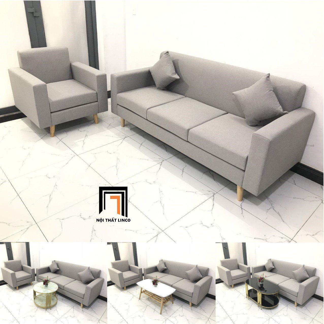 Set ghế sofa băng màu xám ghi trắng NS05 cho văn phòng giá rẻ