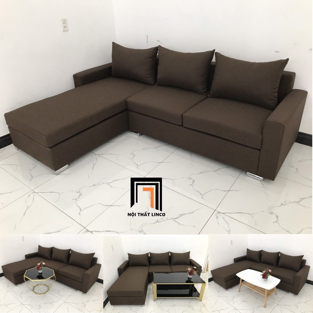 Bộ ghế sofa góc L 2m2 x 1m6 cho phòng khách nâu đậm