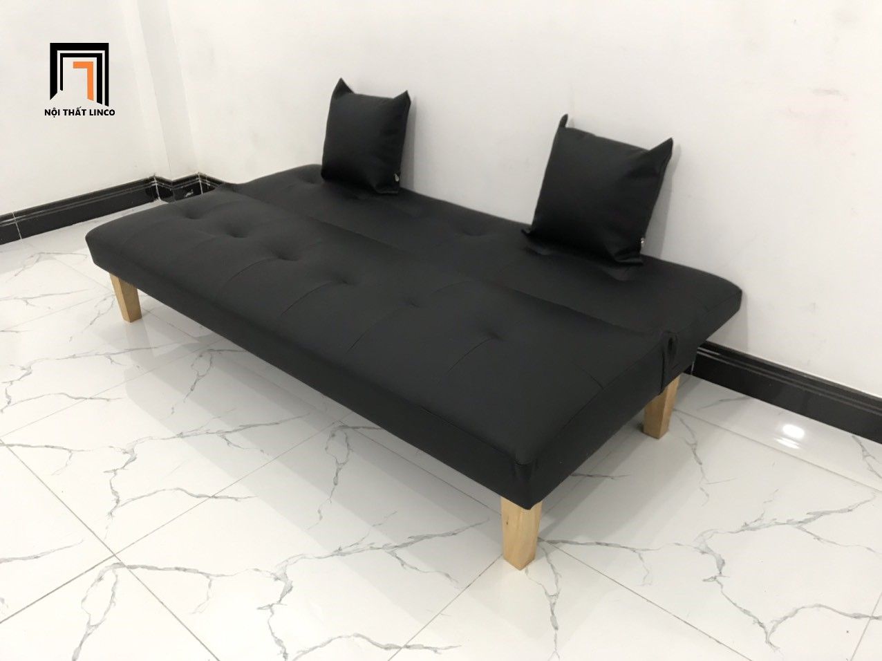 Bộ ghế sofa giường nhỏ gọn simili giả da đen dài 1m72