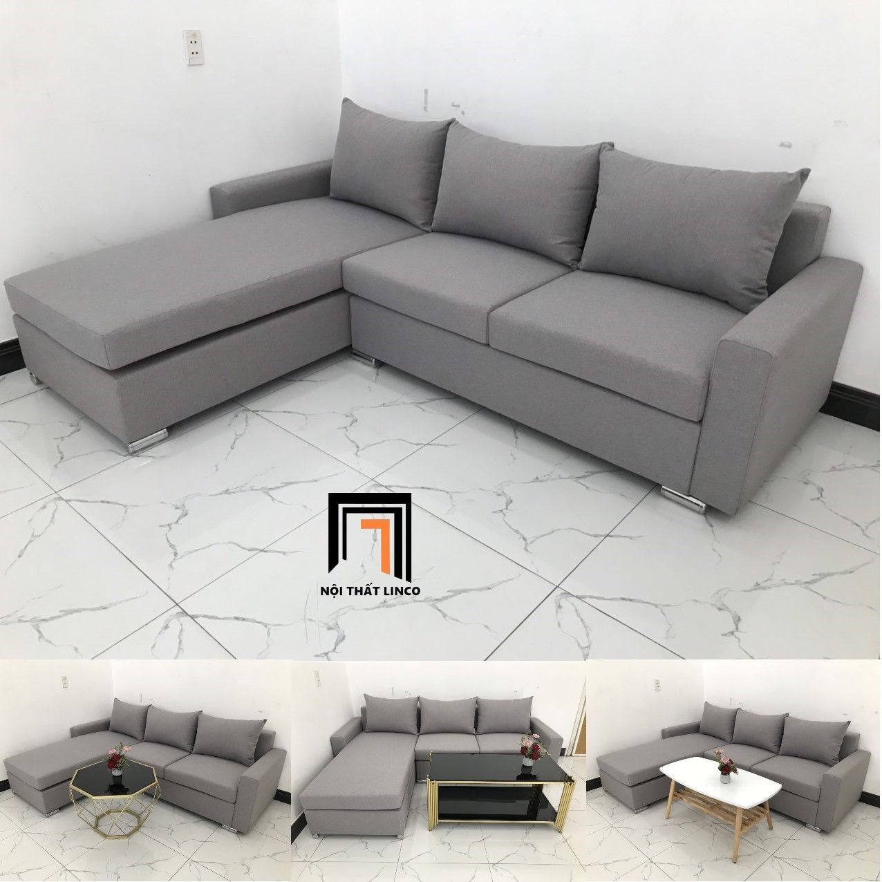 Bộ ghế sofa góc L 2m2 x 1m6 giá rẻ xám ghi trắng