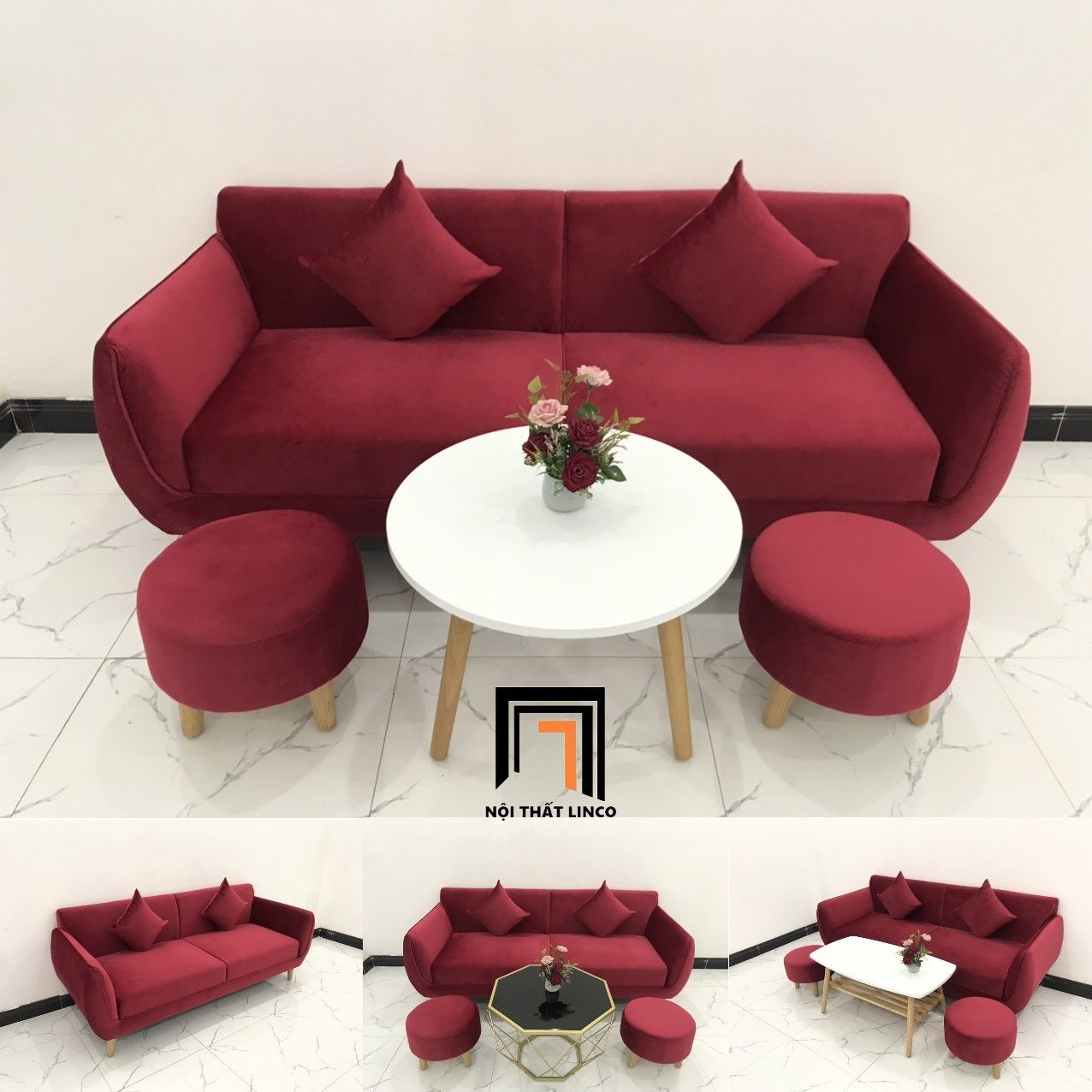 Ghế sofa băng BB dài 1m9 phòng khách đỏ đô vải nhung