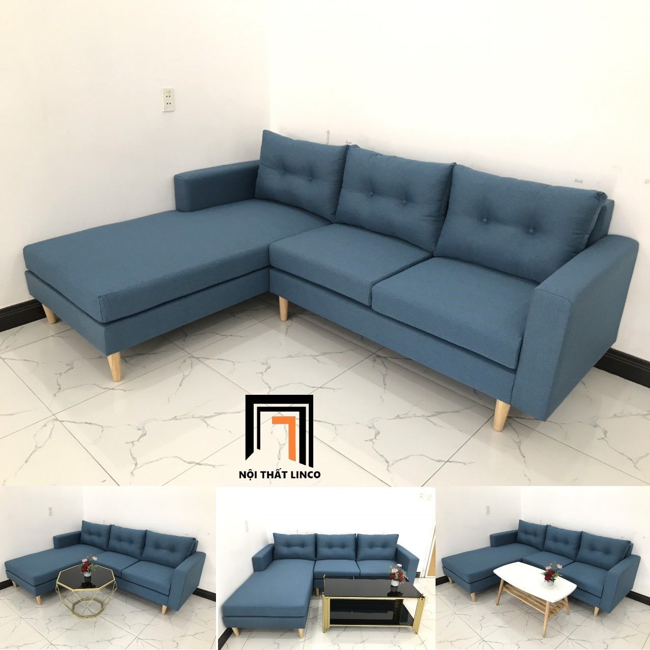 Bộ bàn ghế sofa góc 2m2 x 1m6 màu xanh dương nhỏ gọn
