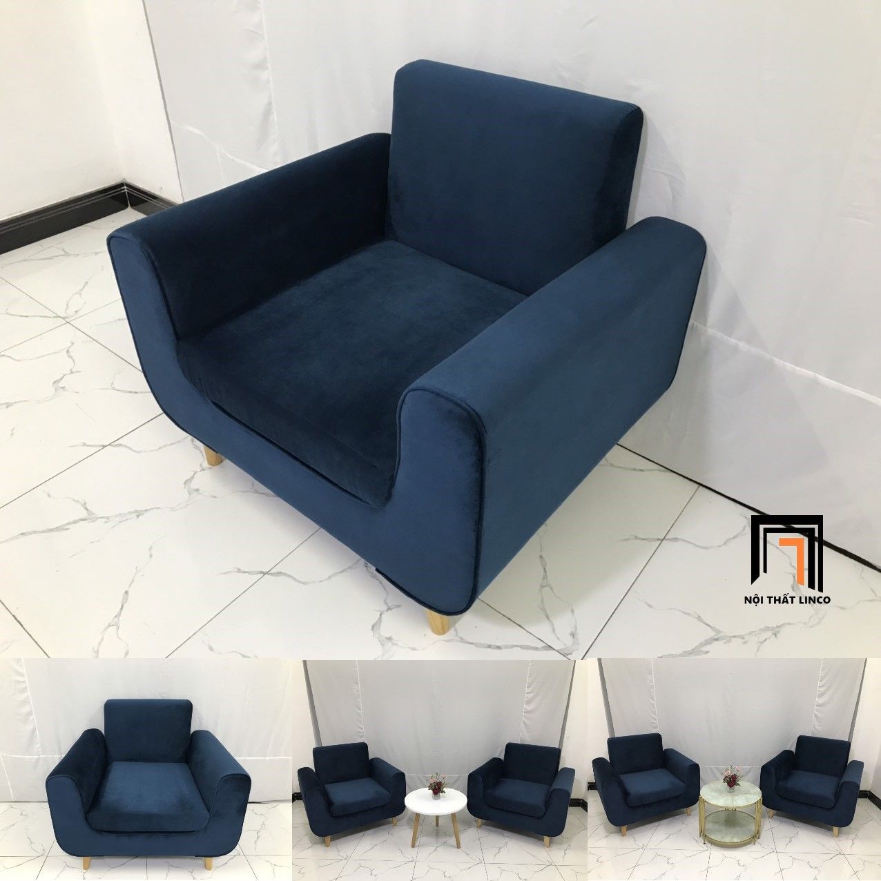 Ghế sofa đơn đọc sách thư giãn NS04 màu xanh đậm vải nhung