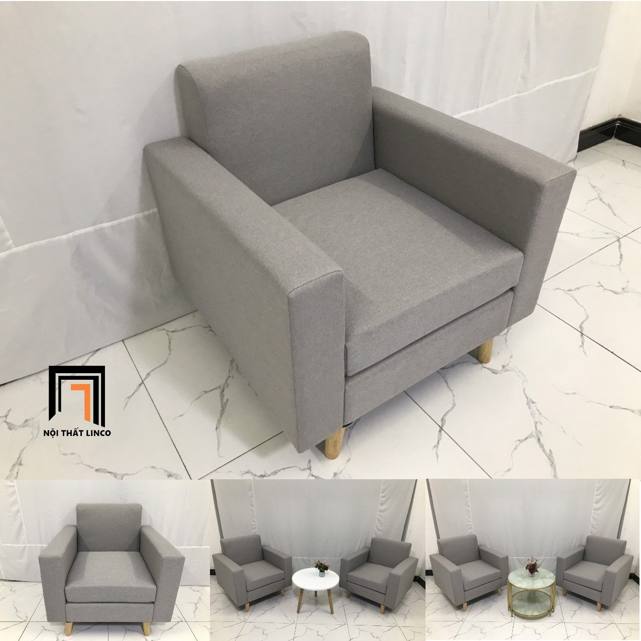 Ghế đơn sofa phòng khách NS05 giá rẻ xám trắng vải bố