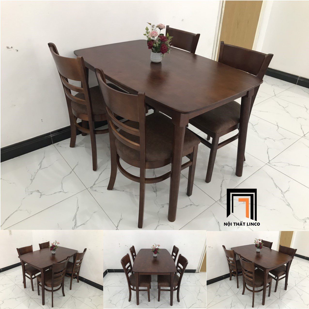 Bàn ăn 4 ghế gỗ nhỏ xinh 3-KH4-G02-B108-nau gỗ màu nâu đậm