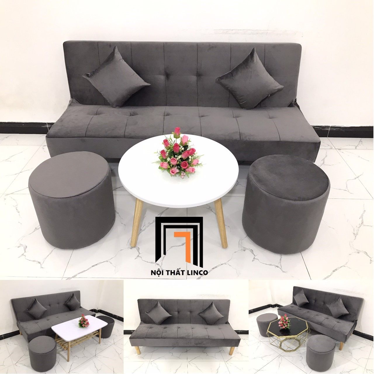 Bộ ghế sofa bed (sofa giường) dài 1m7 SFG xám đen vải nhung