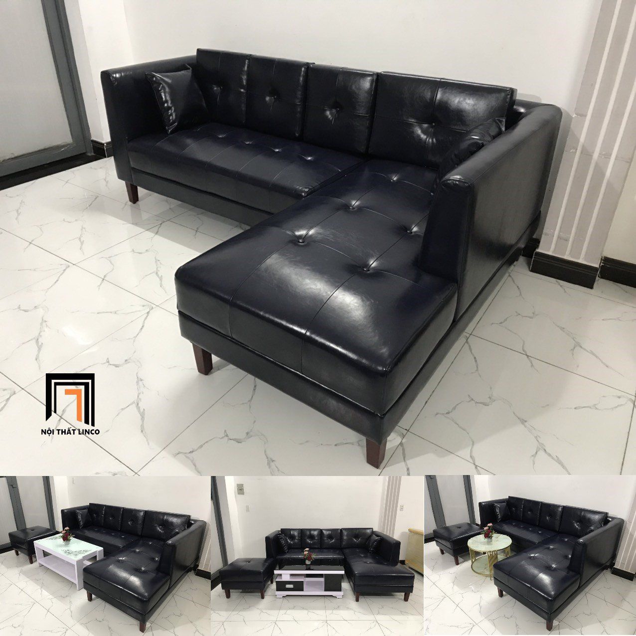 Bộ ghế sofa góc L da giả đen GT231 Ambelia 2m3 x 1m6 cao cấp