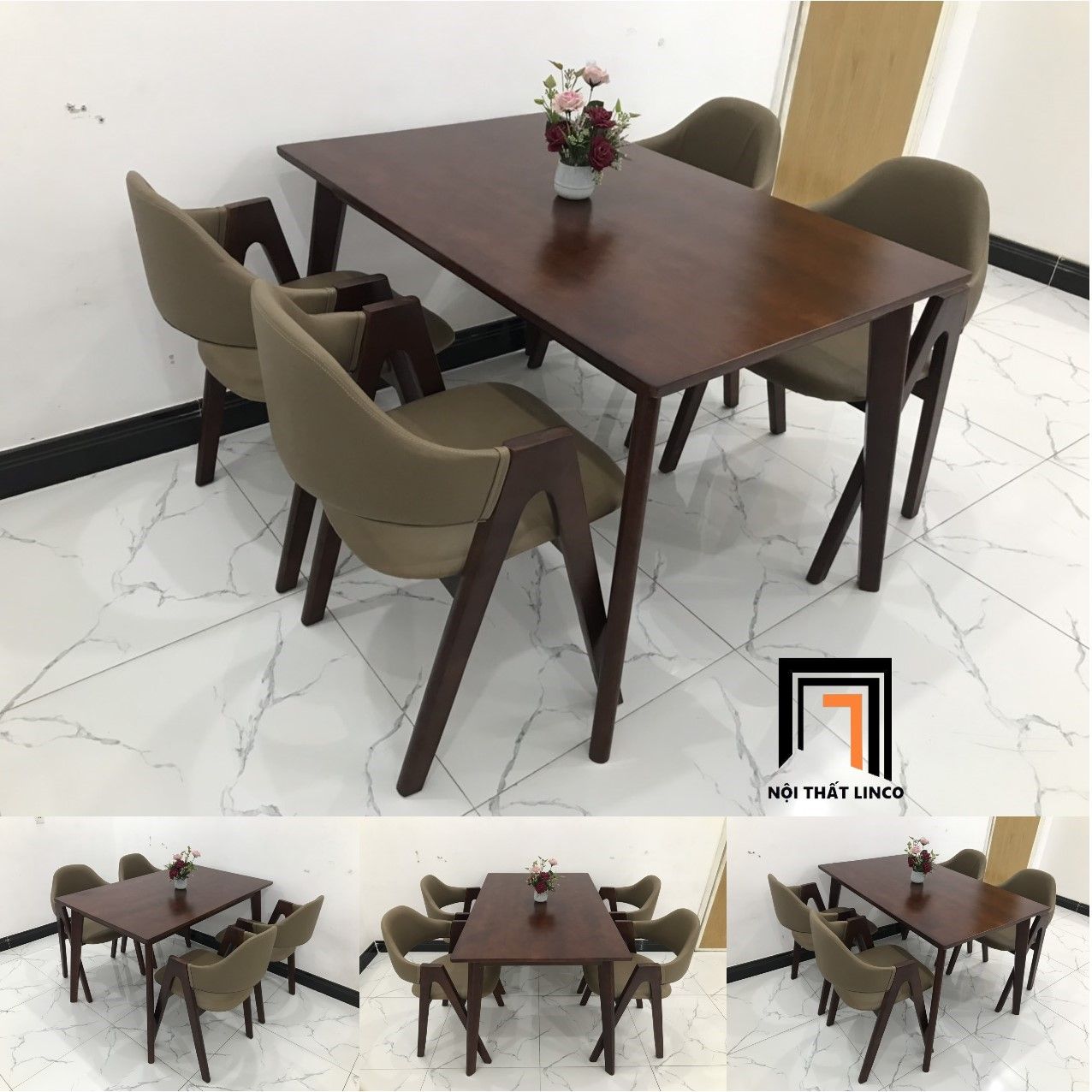 Bộ bàn ghế ăn màu nâu đậm 6-KH4-G5-B107-nausi bọc da giả Pu