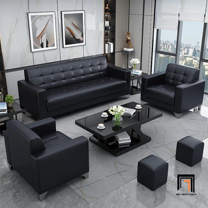 Bộ ghế sofa văn phòng giá rẻ KT76 Custer da Pu màu đen đẹp