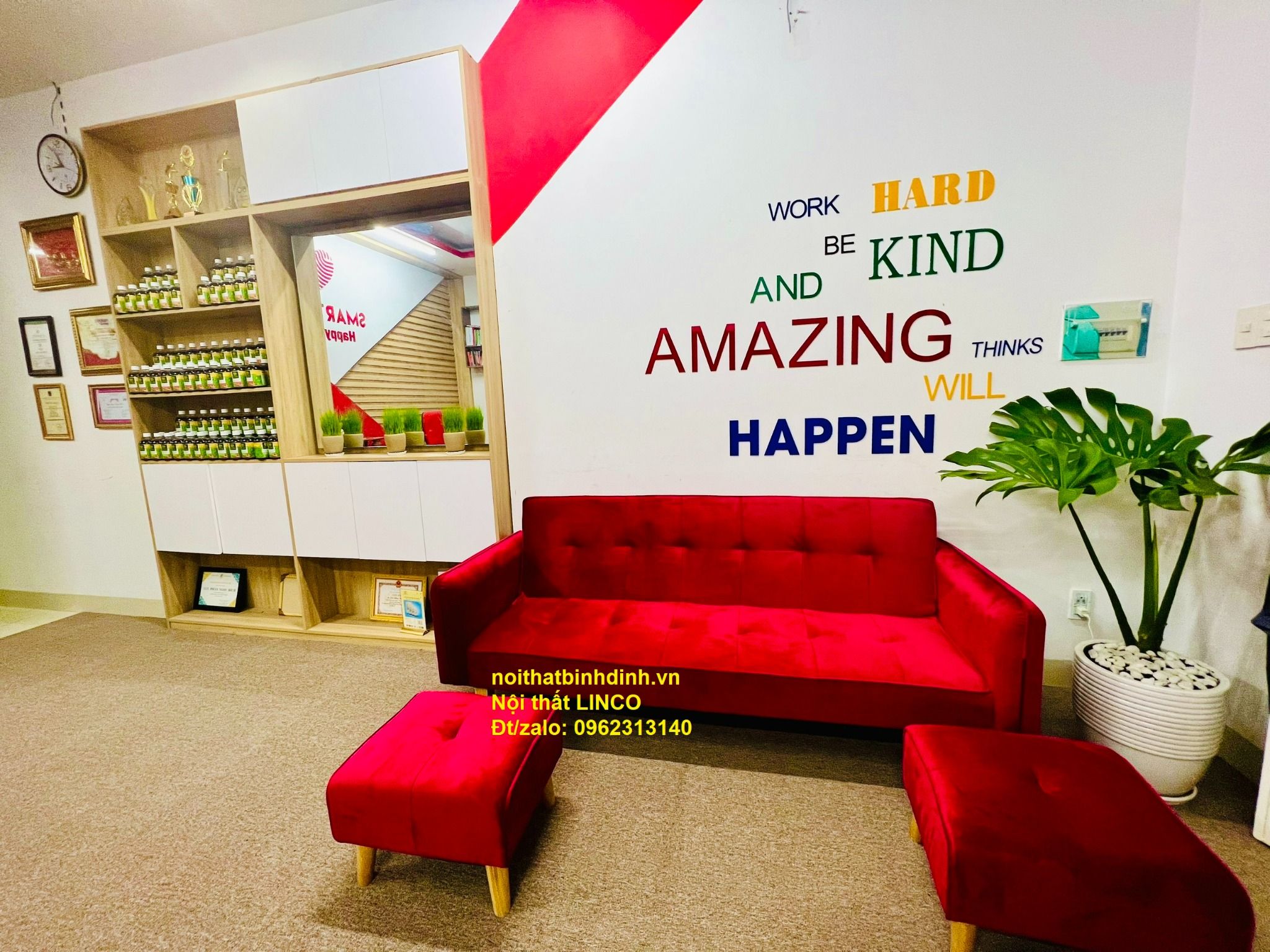 Bộ ghế sofa phòng khách giá rẻ BTV dài 2m đỏ đô vải nhung