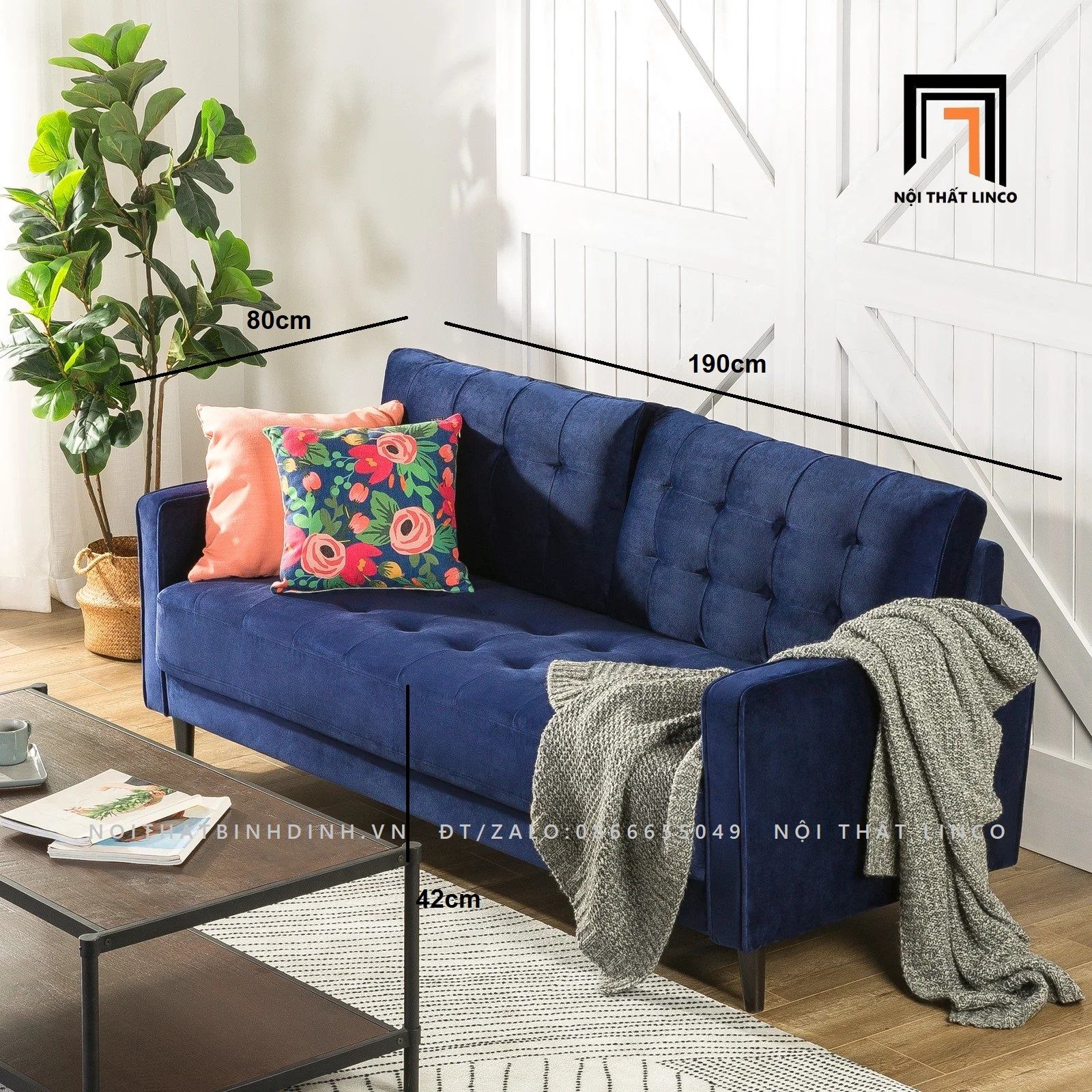 Ghế sofa băng dài 1m9 BT28 Rosenow màu xanh đen vải nhung