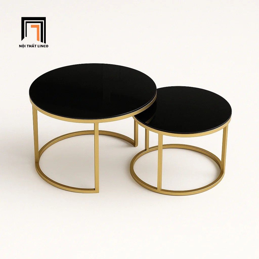 Cặp bàn sofa phòng khách kính đen BTPK8 Funda khung vàng