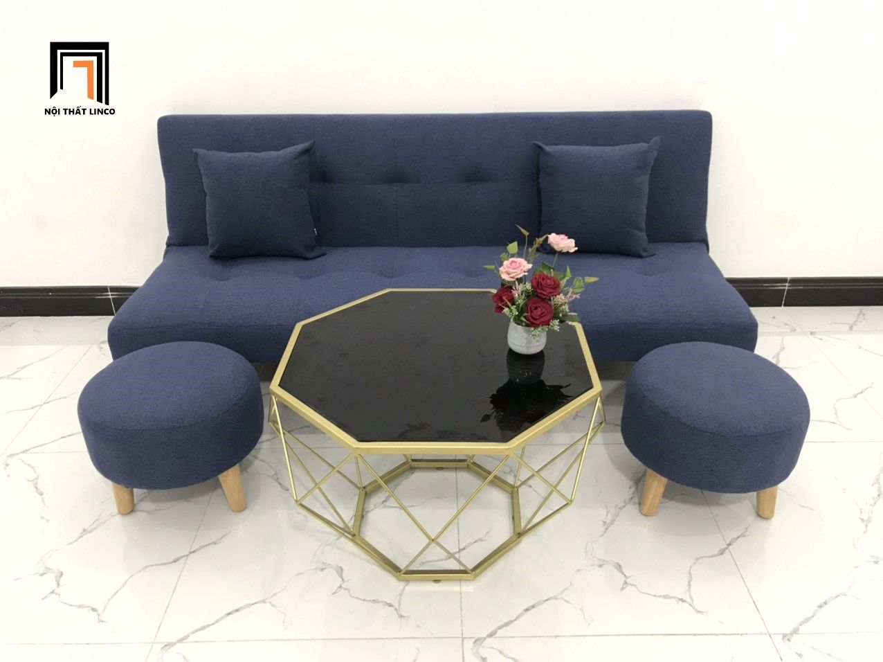 Bộ bàn ghế sofa giường xanh đậm dài 1m72 cho phòng nhỏ