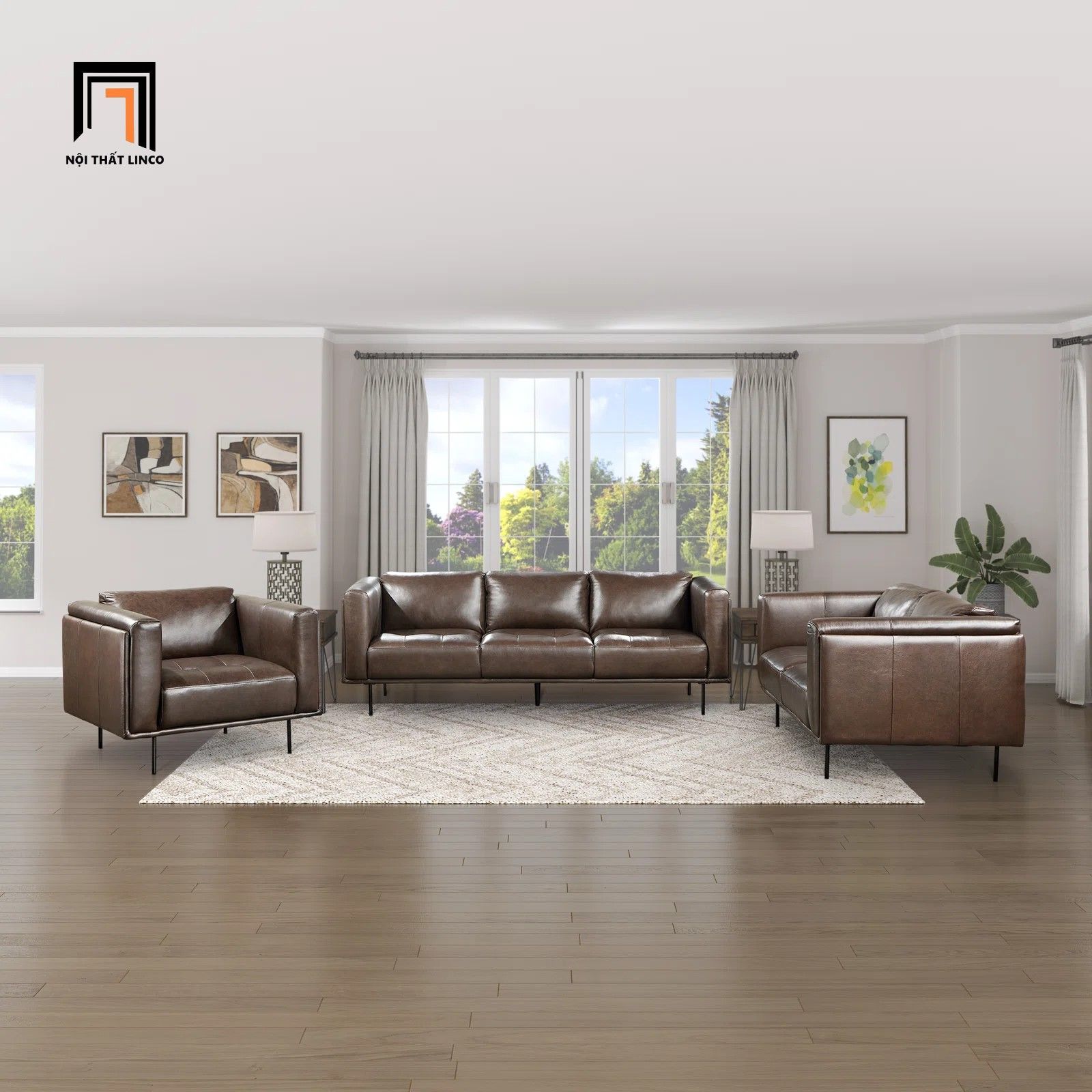 Set ghế sofa phòng khách da giả nâu KT130 Foxcon sang trọng