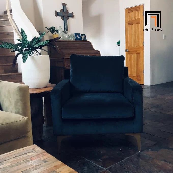 Ghế sofa đơn gia đình vải nhung DT6 Jones màu xanh đậm