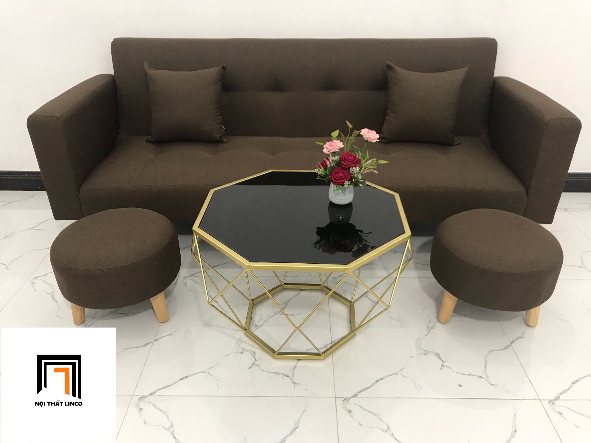 Bộ bàn ghế sofa bed đa năng BTV nâu đậm dài 2m cho phòng nhỏ