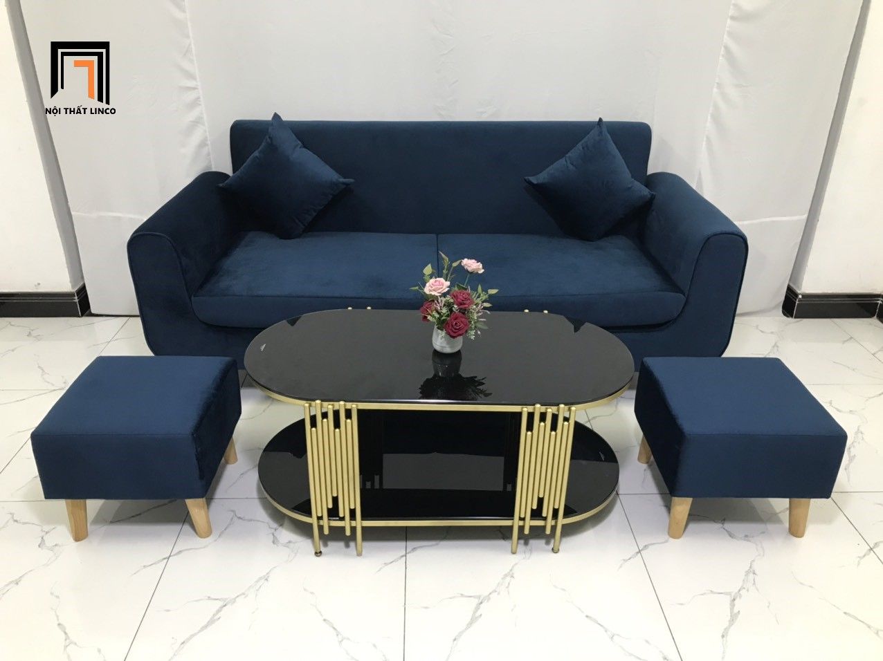 Bộ ghế sofa băng NS04 màu xanh đen vải nhung dài 1m9
