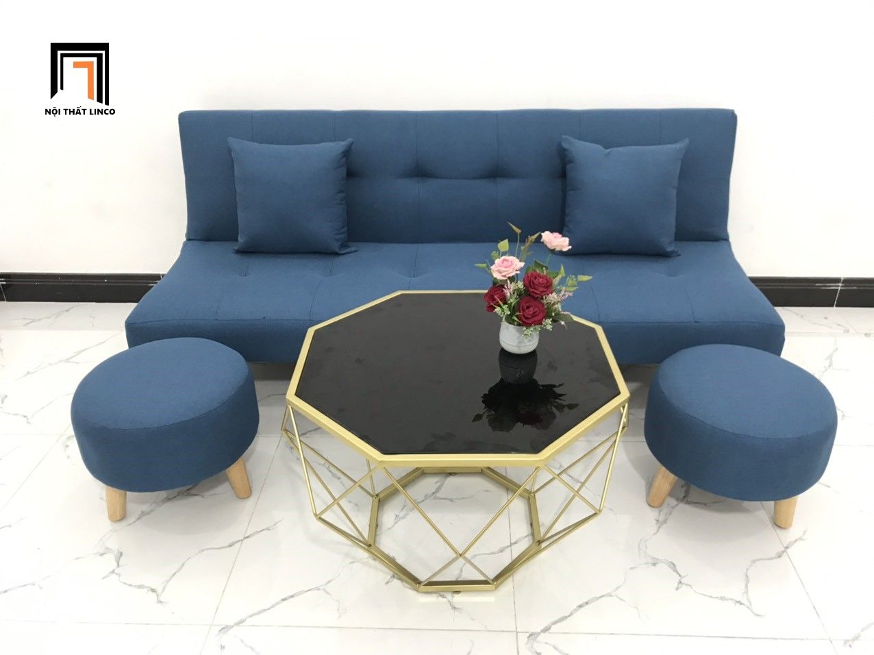 Bộ ghế sofa bed giường nằm xanh dương dài 1m72 bọc vải