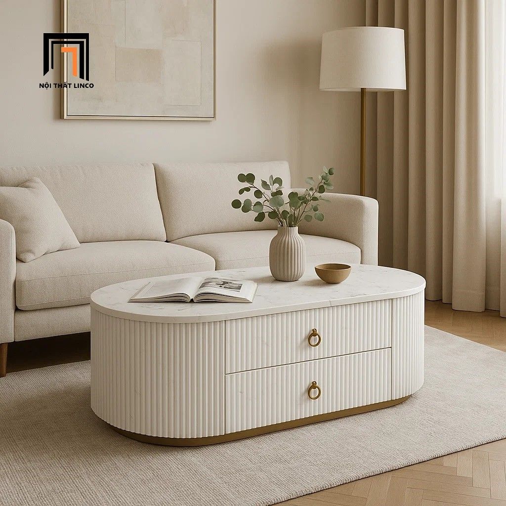 Bàn trà mặt đá oval hộc kéo 2 tầng BTPK75 Winfield sang trọng